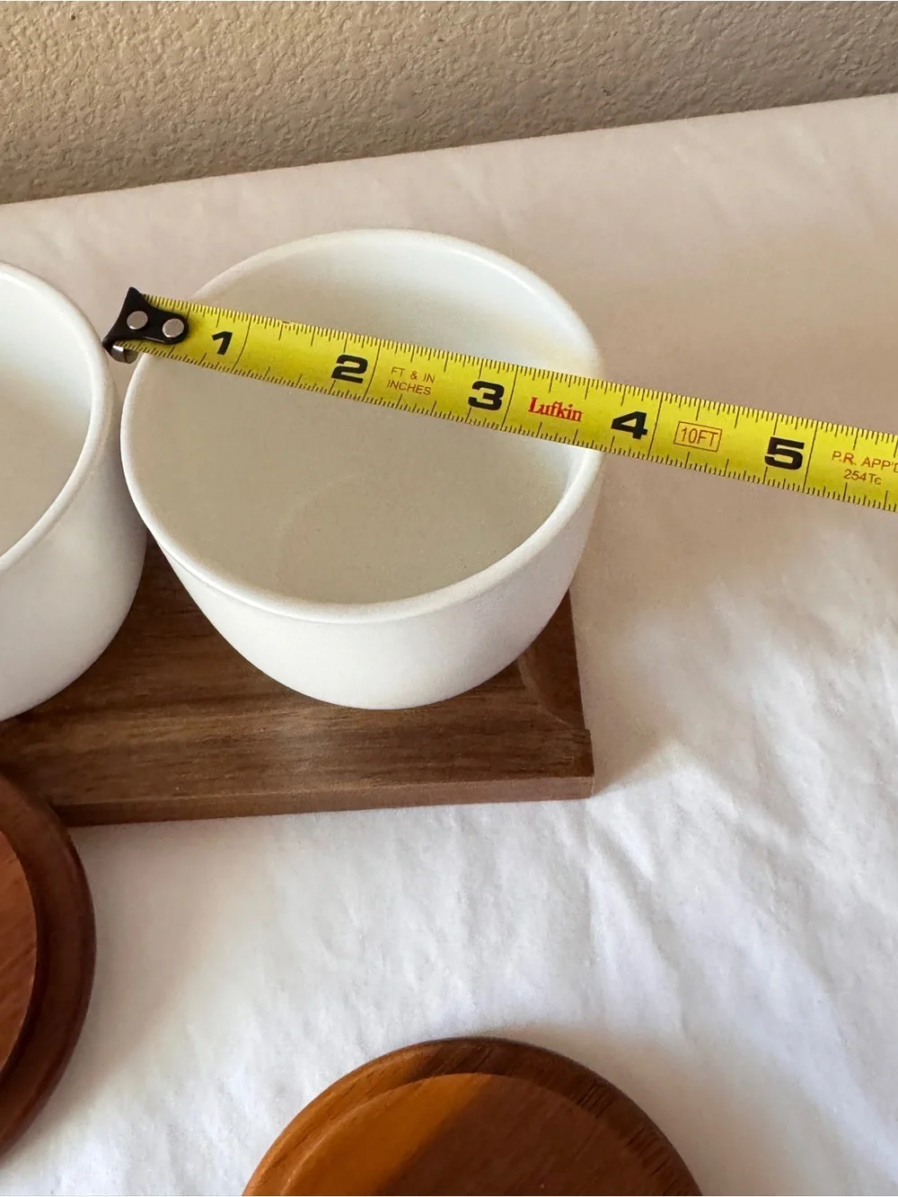 White Ceramic Condiment Trio with Wooden Lids and Tray